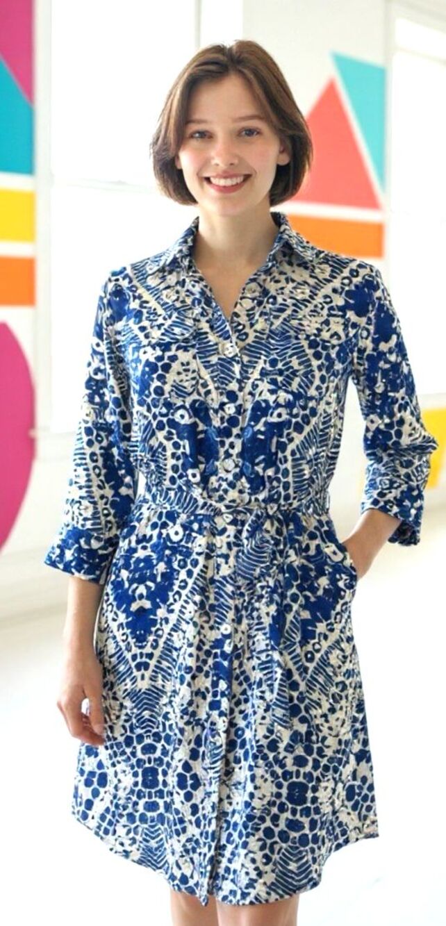 Cabi womens NEW buttoned lightweight mini dress collared w/tie blue/white XS